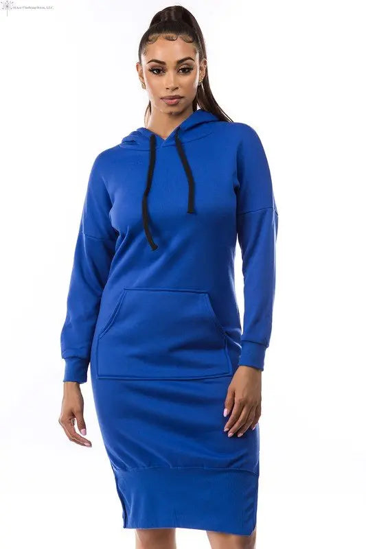 Long Sleeve Sweatshirt Dress Royal Blue Front | Dress with Hood | SiAra 