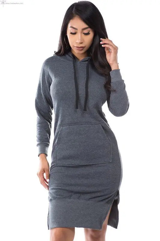 Long Sleeve Sweatshirt Dress Charcoal Front | Plus size Hoodie Dress | SiAra