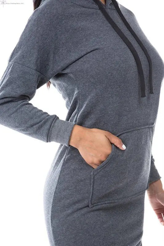 Long Sleeve Sweatshirt Dress Charcoal Side Closed-up | Plus size Hoodie Dress | SiAra