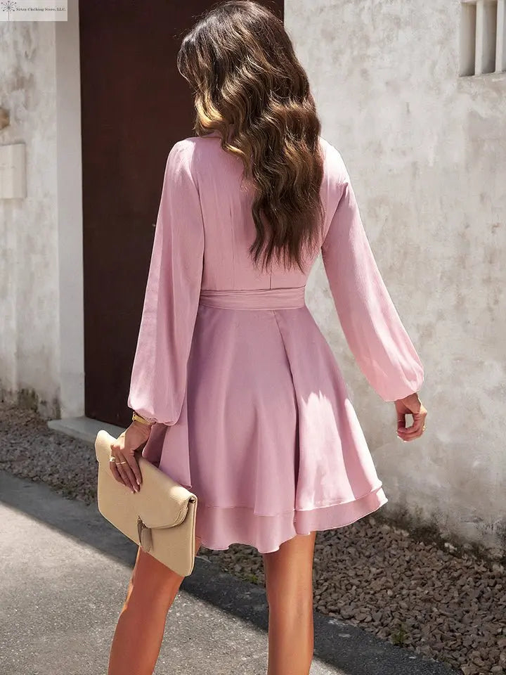 Long sleeve Tie-waist Mini Dress Back | Pink Long Sleeve mini Dress | SiAra