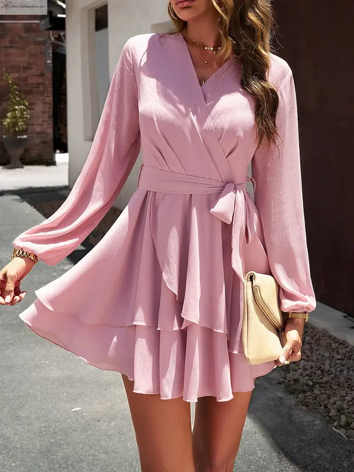 Long sleeve Tie-waist Mini Dress Sided | Pink Long Sleeve mini Dress | SiAra