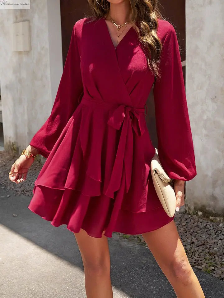 Long sleeve Tie-waist Mini Dress Sided | Red Long Sleeve mini Dress | SiAra