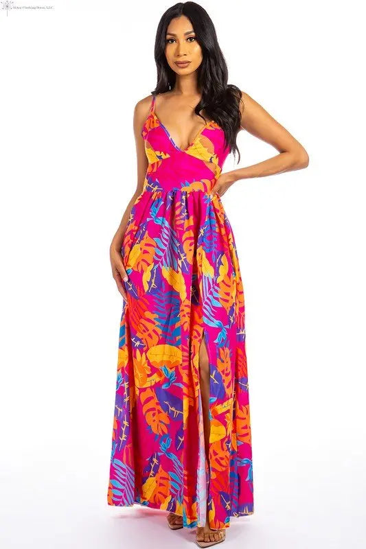 Maxi Dress Multicolor Fuchsia with Side Slit | Sleeveless Floral Maxi Dress | SiAra