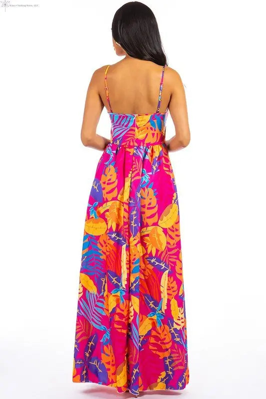 Maxi Dress Multicolor Fuchsia with Side Slit Back | Sleeveless Floral Maxi Dress | SiAra