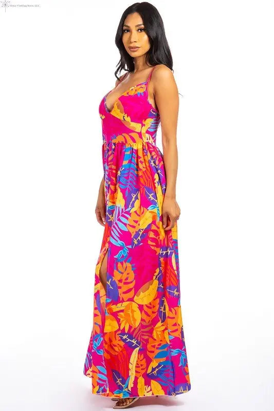 Maxi Dress Multicolor Fuchsia with Side Slit Side | Sleeveless Floral Maxi Dress | SiAra