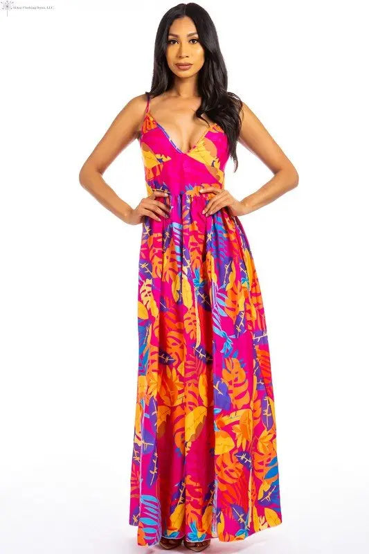 Maxi Dress Multicolor Fuchsia with Side Slit Front | Sleeveless Floral Maxi Dress | SiAra