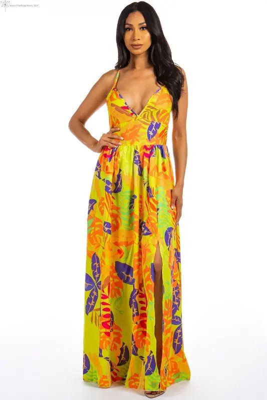 Maxi Dress Multicolor with Side Slit | Sleeveless Floral Maxi Dress | SiAra