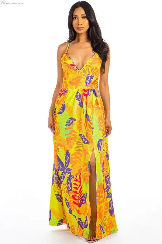 Maxi Dress Multicolor with Side Slit Front | Sleeveless Floral Maxi Dress | SiAra