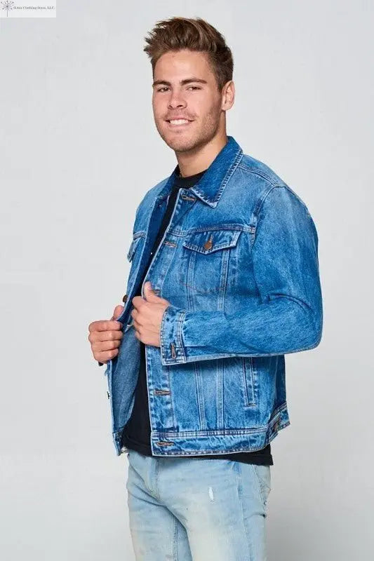 Men's Dark Blue Denim Jacket with Chest Pockets | SiAra Clothing Store, LLC