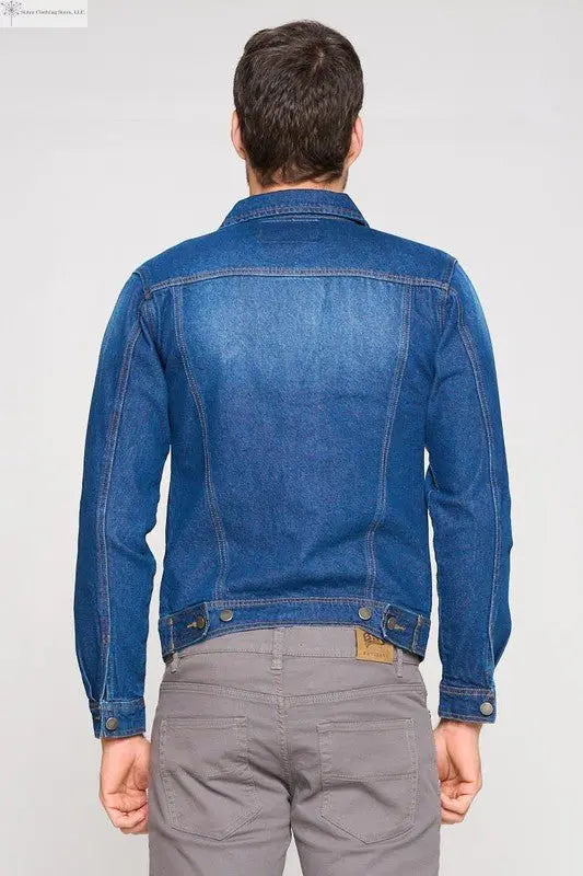 Men's Dark Blue Denim Jacket with Chest Pockets Back | SiAra Clothing Store, LLC