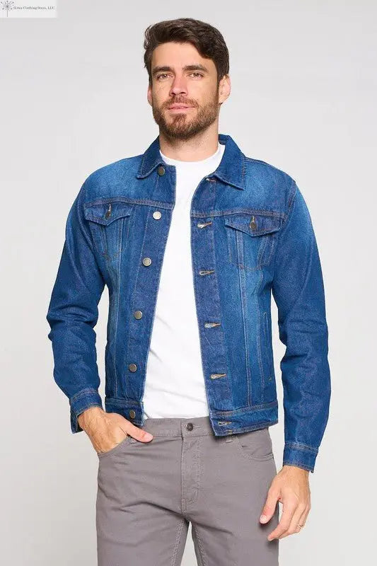 Men's Dark Blue Denim Jacket with Chest Pockets Front | SiAra Clothing Store, LLC