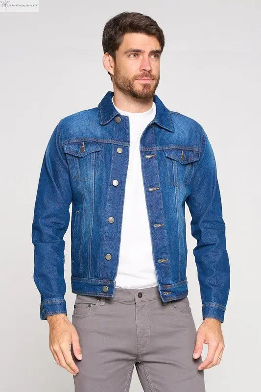 Men's Dark Blue Denim Jacket with Chest Pockets Sided | SiAra Clothing Store, LLC