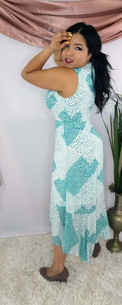 Midi Dress Blue Sleeveless Asymmetrical Ruffle Hem Back | SiAra Clothing Store, LLC