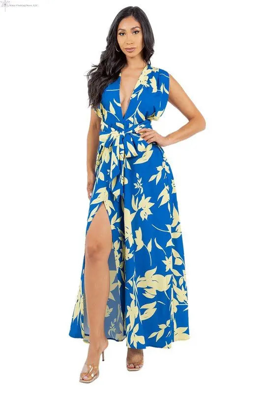 Navy Floral Maxy Dress Side Slit | Long Summer Dresses for Women | SiAra