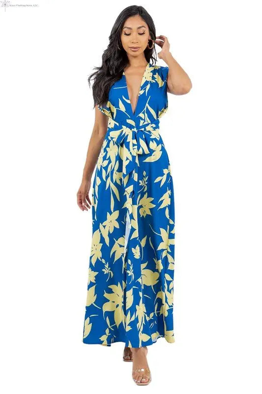 Navy Floral Maxy Dress Side Slit Front | Long Summer Dresses for Women | SiAra
