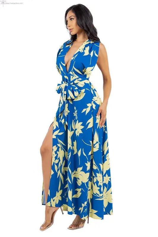 Navy Floral Maxy Dress Side Slit Side | Long Summer Dresses for Women | SiAra
