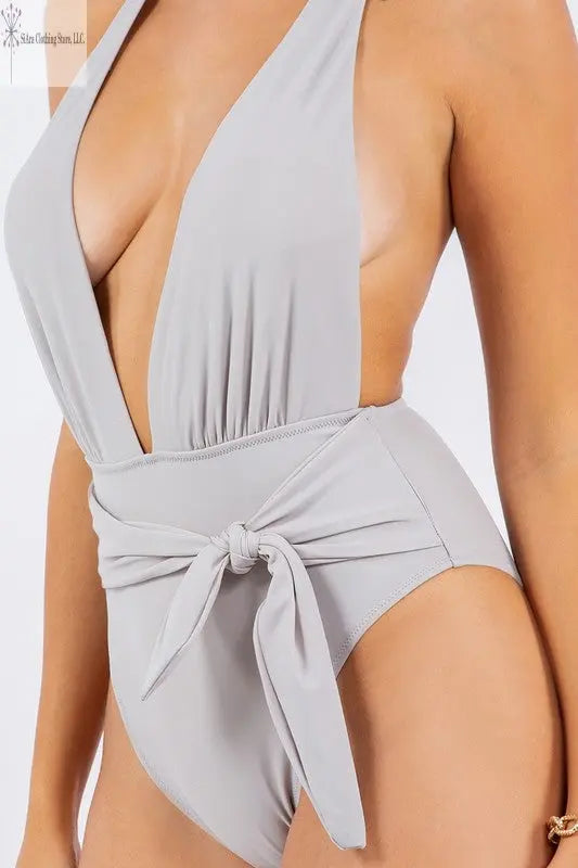 Women Bathing Suit Deep V-neck Open Back Grey | One Piece Swimsuits for Women | SiAra