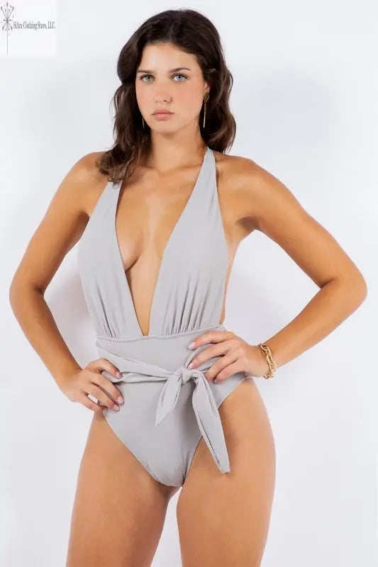 Women Bathing Suit Deep V-neck Open Back Grey Front | One Piece Swimsuits for Women | SiAra