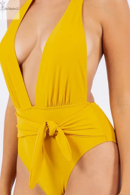 Women Bathing Suit Deep V-neck Open Back Mustard | One Piece Swimsuits for Women | SiAra