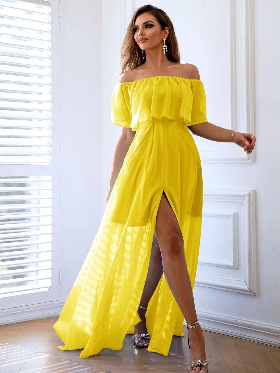 Evening Dress Off-Shoulder Split Maxi Yellow Front | SiAra Clothing Store, LLC