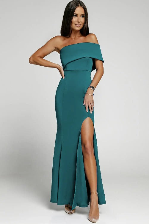 Evening Gown Maxi Dress Off-Shoulder Green Front | SiAra Clothing Store, LLC