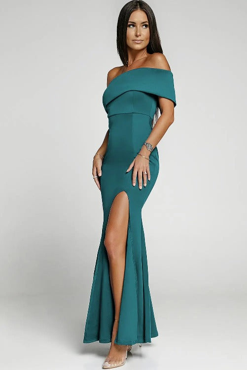 Evening Gown Maxi Dress Off-Shoulder Green Side | SiAra Clothing Store, LLC