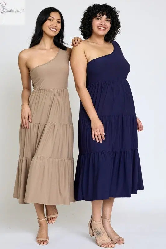 Casual One Shoulder Midi Dress | One shoulder ruffle Dresses Plus | SiAra