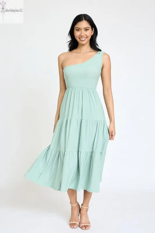 Casual One Shoulder Midi Dress Sage Front | One shoulder ruffle Dresses | SiAra