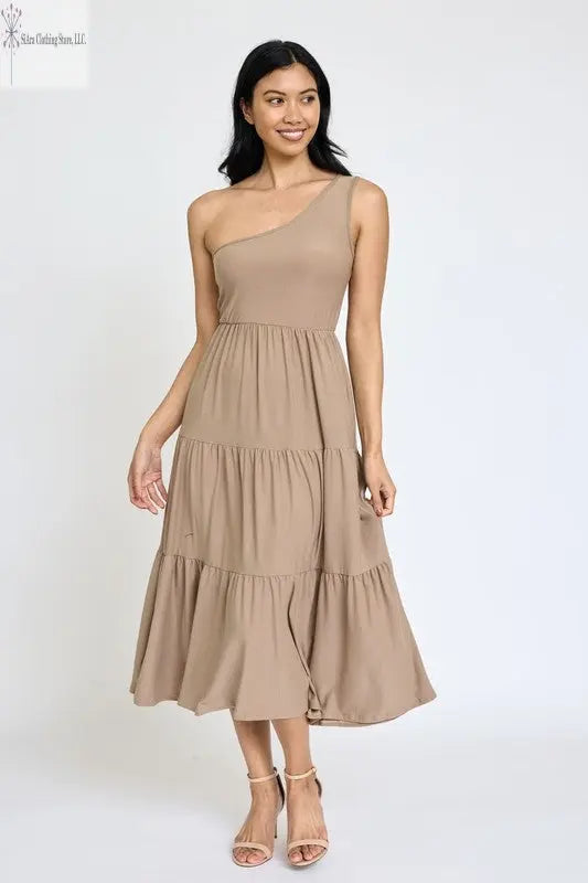 Casual One Shoulder Midi Dress Beige | One shoulder ruffle Dresses | SiAra
