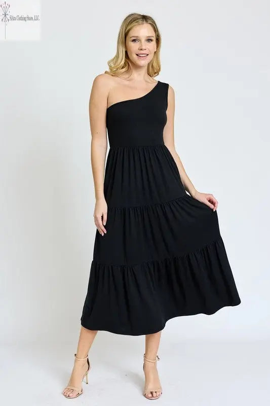 Casual One Shoulder Midi Dress | Black One shoulder ruffle Dresses | SiAra