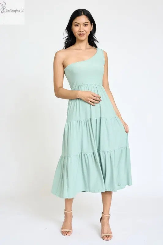 Casual One Shoulder Midi Dress | Sage One shoulder ruffle Dresses | SiAra