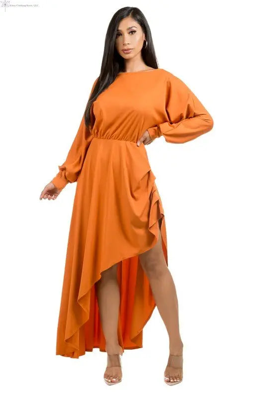 Orange Maxi Dress Side Slit Front | Flowy Maxi Dress | SiAra