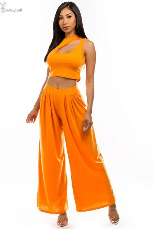 Orange Two Piece Casual Pants Set | Two Piece Pants Set Summer Sided | SiAra