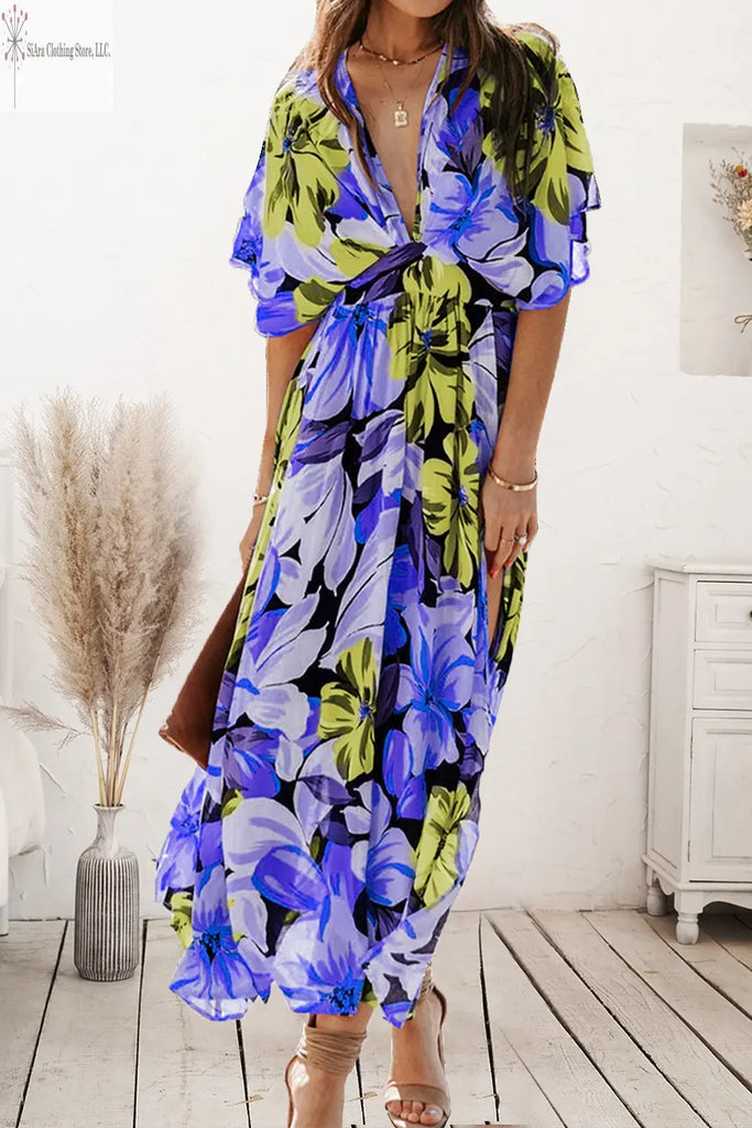Plunge Split Printed Short Sleeve Dress Trendsi