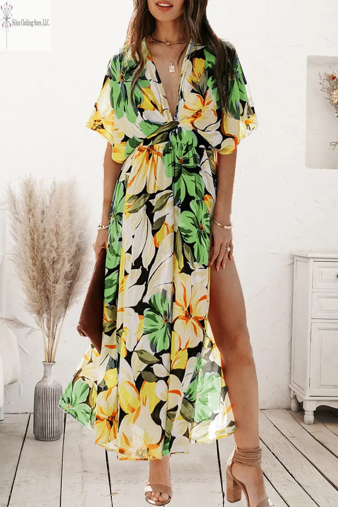 Plunge Split Printed Short Sleeve Dress Trendsi