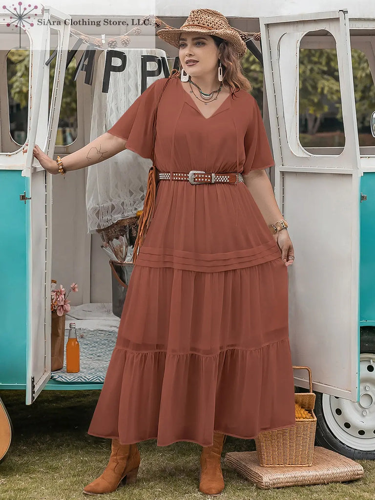 Plus Size  Midi Dress Flutter Sleeve Rust | Women's Plus Maxi Dresses | SiAra