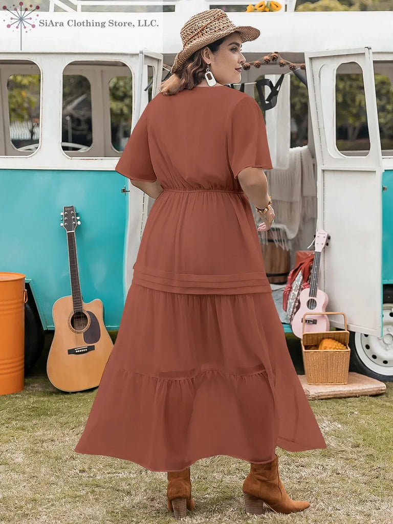 Plus Size Midi Dress Flutter Sleeve Rust | Women's Plus Maxi Dresses on Back | SiAra