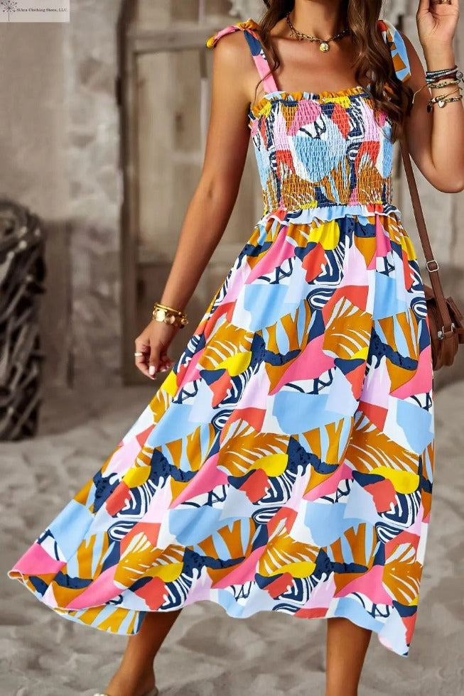 Tropical Midi Dress Tie shoulder Multi Colored | SiAra