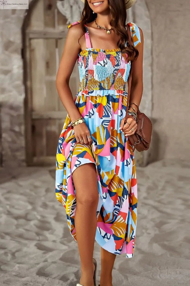 Tropical Midi Dress Tie shoulder Multi Colored Front | SiAra