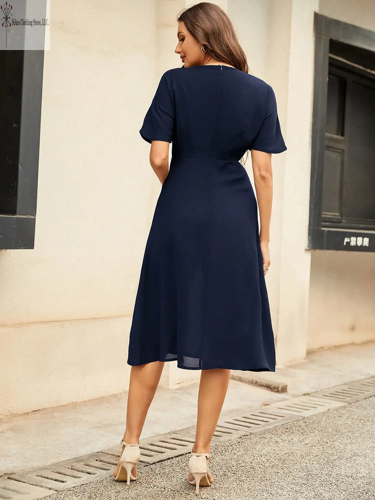Short Sleeve Midi Dress Round Neck Blue Back | Casual Short Sleeve Midi Dress | SiAra