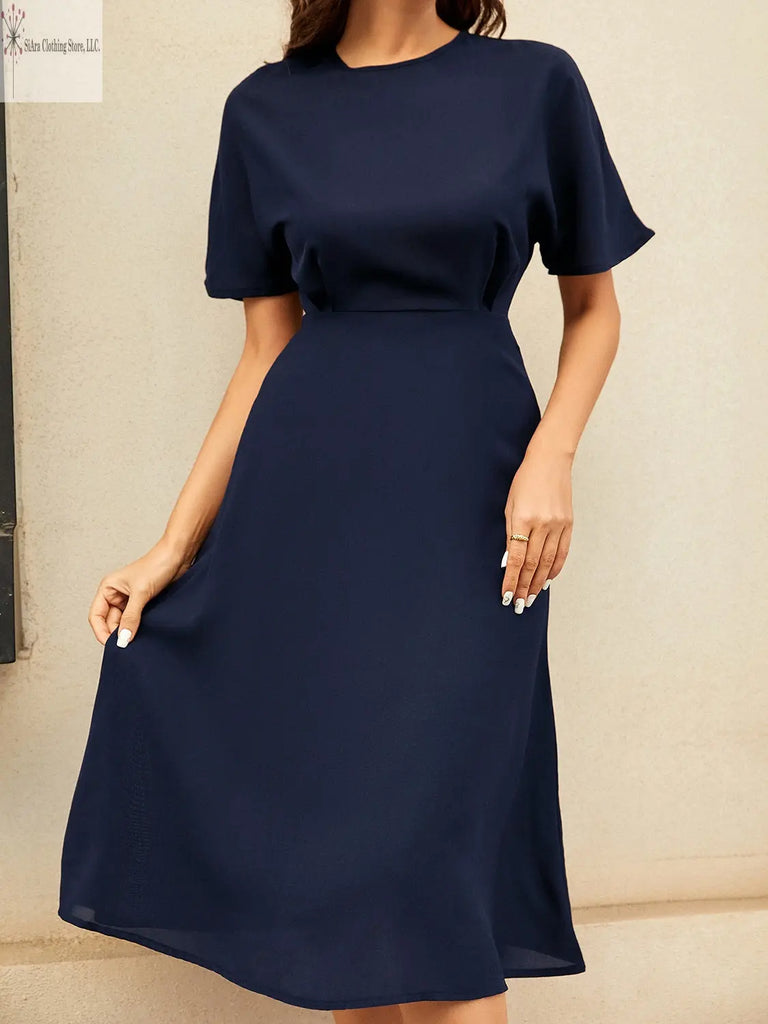 Short Sleeve Midi Dress Round Neck Blue Front | Casual Short Sleeve Midi Dress | SiAra