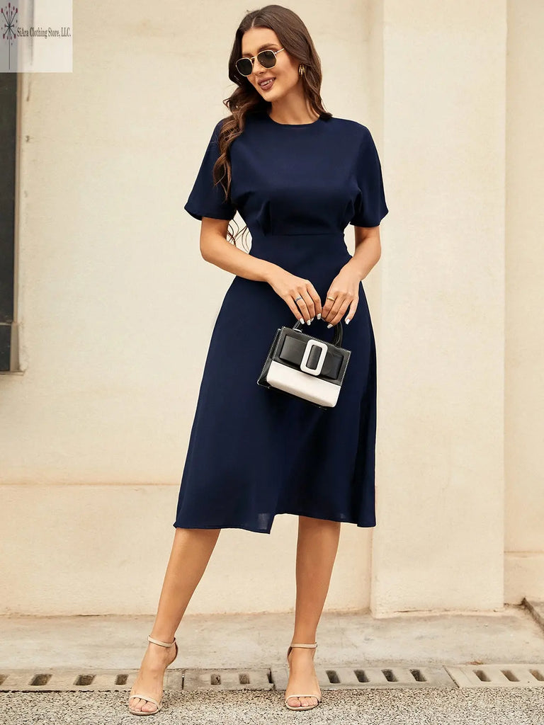 Short Sleeve Midi Dress Round Neck Blue Sided | Casual Short Sleeve Midi Dress | SiAra