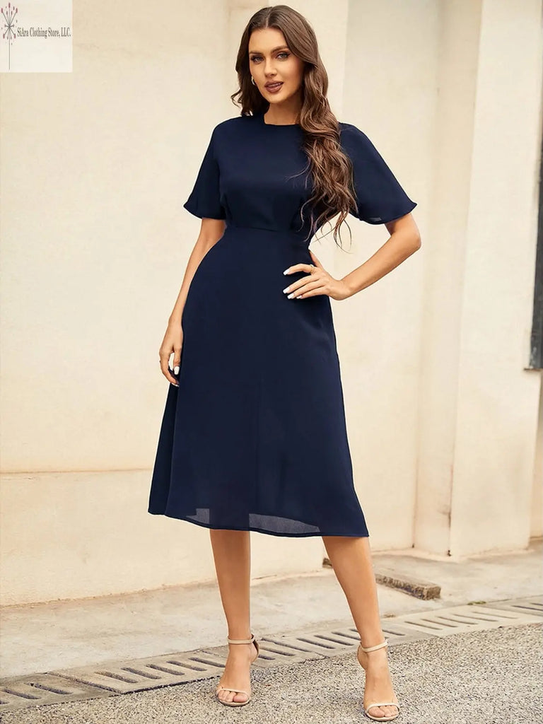 Short Sleeve Midi Dress Round Neck Blue Sided2 | Casual Short Sleeve Midi Dress | SiAra