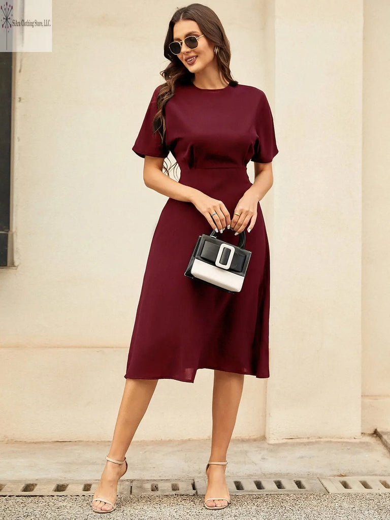 Short Sleeve Midi Dress Round Neck Burgundy | Casual Short Sleeve Midi Dress | SiAra