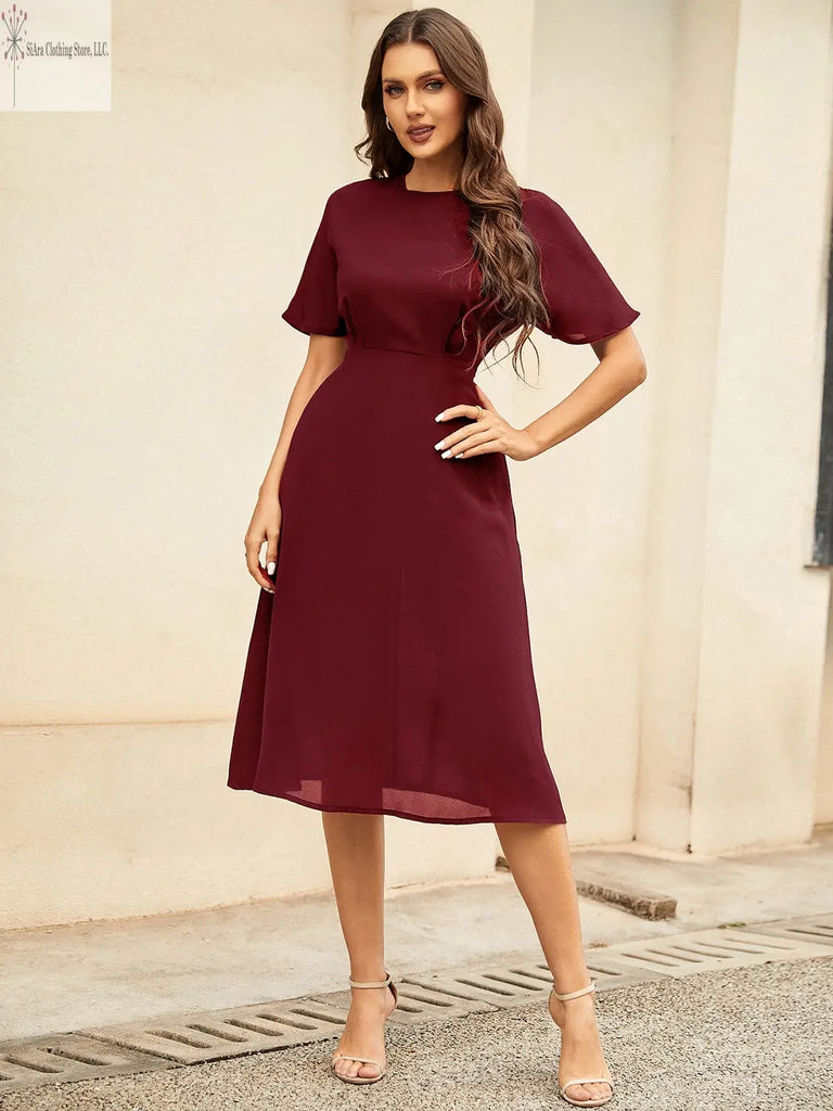 Short Sleeve Midi Dress Round Neck Burgundy Side | Casual Short Sleeve Midi Dress | SiAra