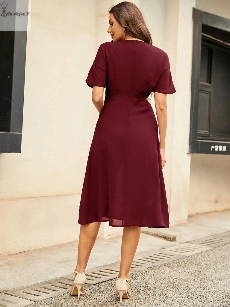 Short Sleeve Midi Dress Round Neck Burgundy Back | Casual Short Sleeve Midi Dress | SiAra