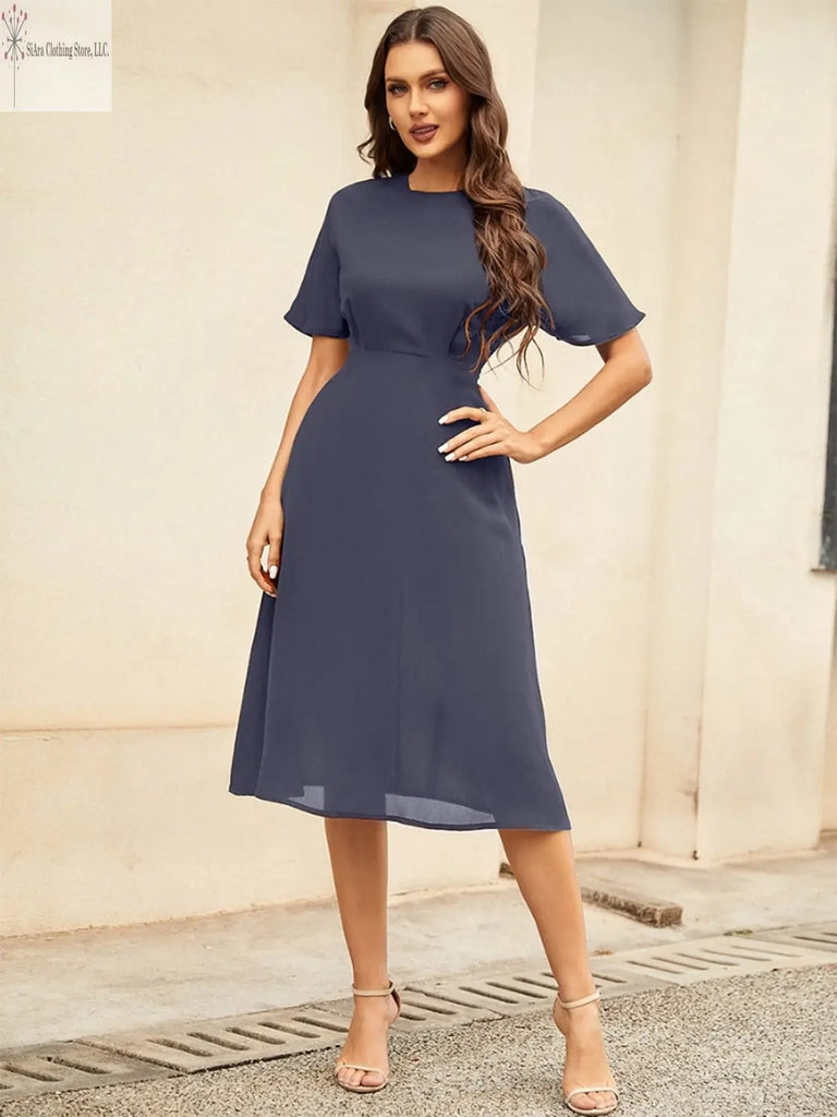 Short Sleeve Midi Dress Round Neck Dusty Blue | Casual Short Sleeve Midi Dress | SiAra
