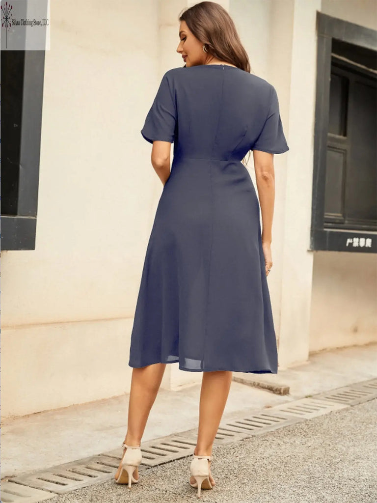 Short Sleeve Midi Dress Round Neck Dusty Blue Back | Casual Short Sleeve Midi Dress | SiAra