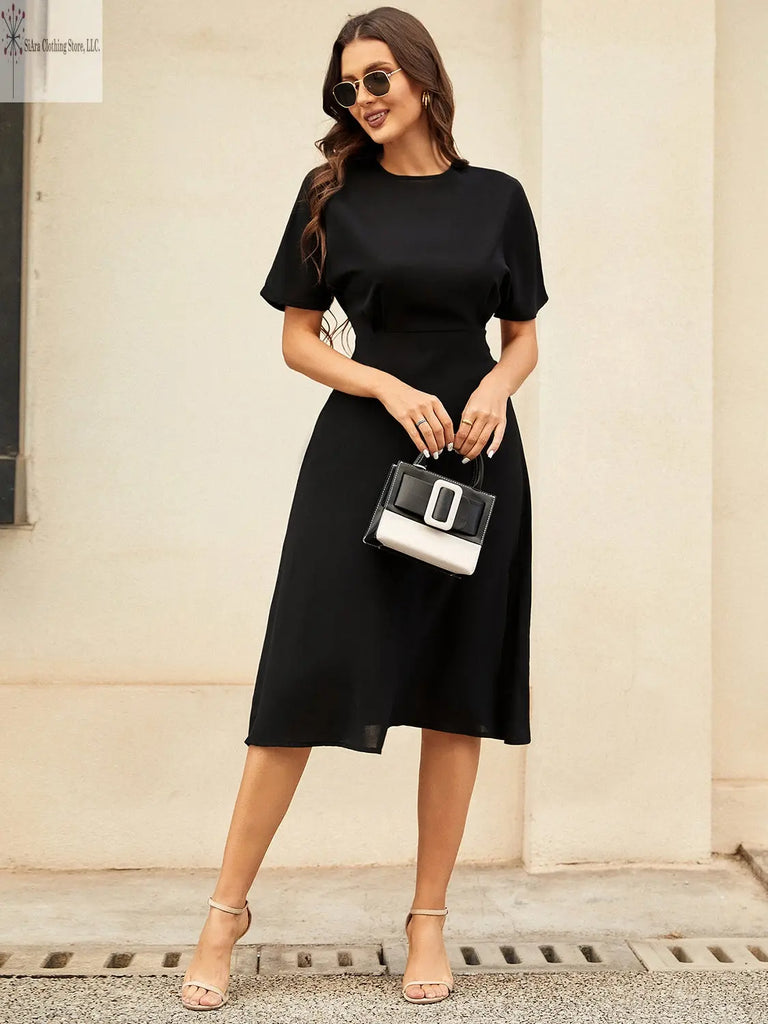 Short Sleeve Midi Dress Round Neck Black Front2 | Casual Short Sleeve Midi Dress | SiAra
