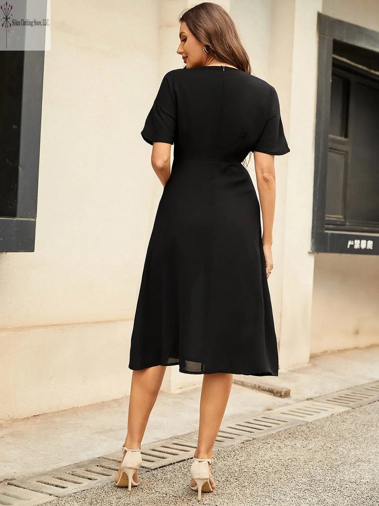 Short Sleeve Midi Dress Round Neck Black Back | Casual Short Sleeve Midi Dress | SiAra